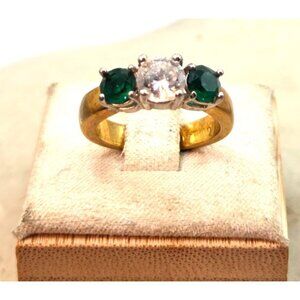 18kt Gold Plated 3 Stone RIng With Clear & Green Stones